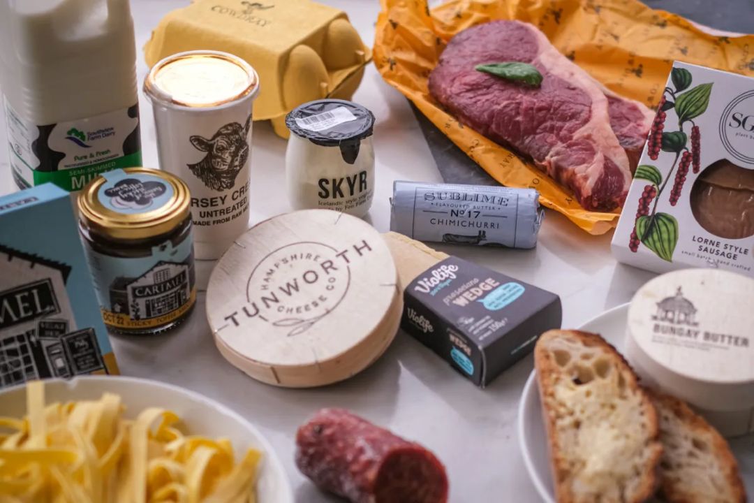 skir, meat and sausage on the table in the farm shop